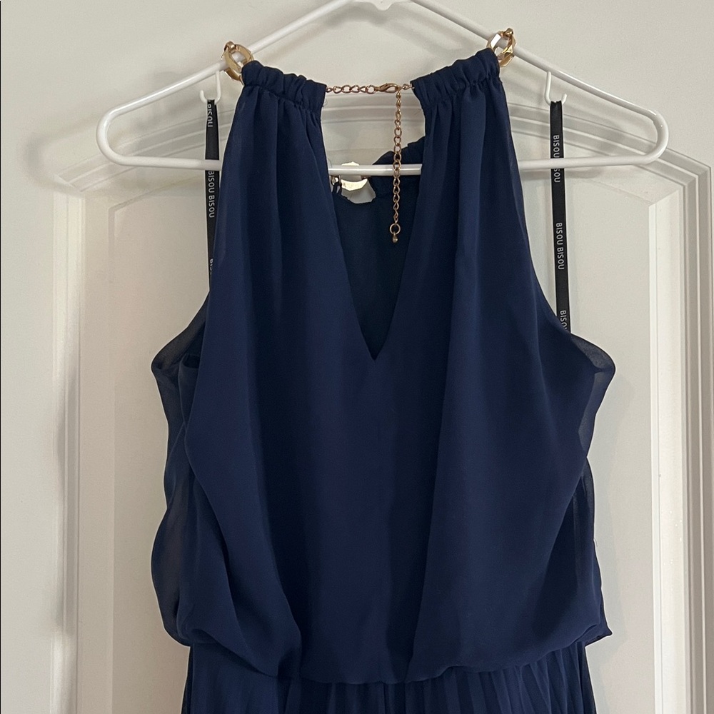 Bisou Bisou Navy Pleated Halter Maxi Dress with Chain Accent - Picture 8 of 10